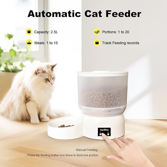 Automatic Cat Feeder with 270-Day Battery Life, Rechargeable Auto Cat Feeder with Slow Feed Mode & Very Quiet Dispensing, 2.5L Bluetooth Small cat Food Dispenser for Cats & Small Dogs