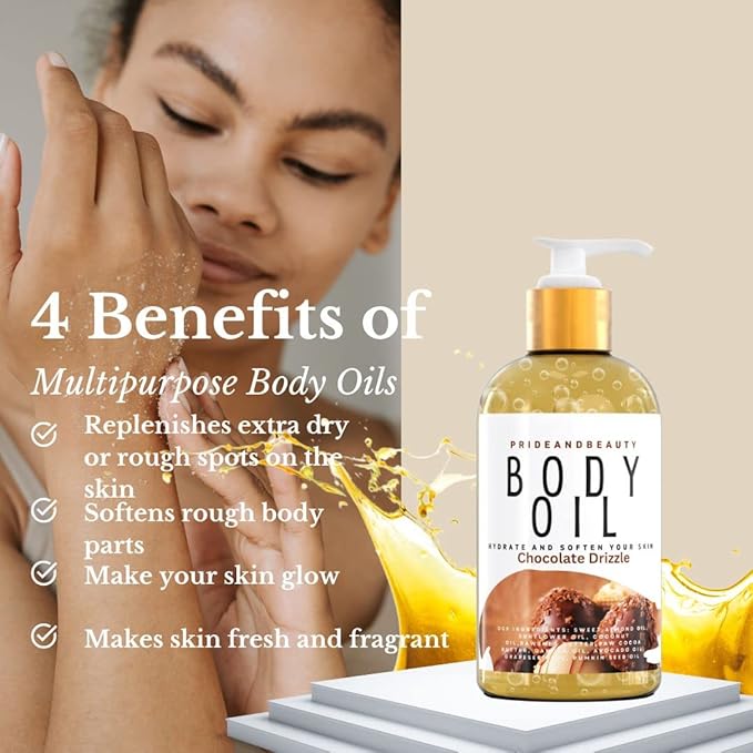 PrideandBeauty After Shower Oil. Skin Hydrating Oil. Body Oil Scented. Body Oils For Women Dry Skin. (Chocolate Drizzle)
