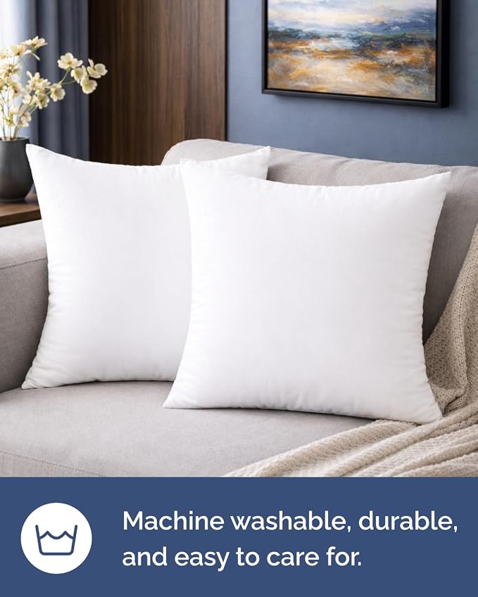 18x18 Pillow Inserts, Throw Pillows for Bed, Sofa & Couch - Set of 2, White | Decorative Bed Throw Pillows, Soft, Supportive & Fluffy Cushion Inserts, Sham Stuffer, Down Alternative, Machine Washable