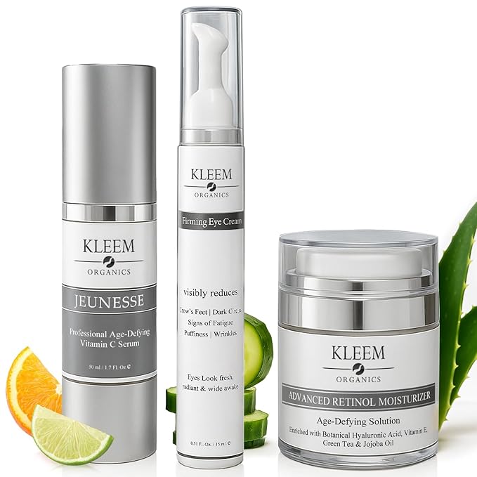 Kleem Skin Rejuvenation Trio - Firming Retinol Face Cream, Brightening Vitamin C Serum & Anti-Aging Eye Cream for Wrinkles, Dark Spots, Uneven Skin & Dark Circles - Complete Skincare Set