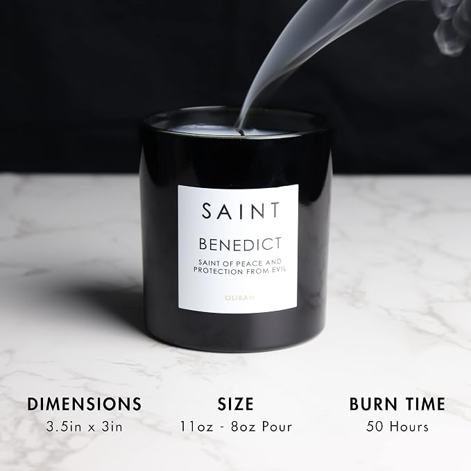 SAINT Benedict Scented Candle with Prayer and Prayer Coin | Saint of Peace and Protection from Evil, Soy Coconut Aromatherapy Candle with 50 Hour Burn Time