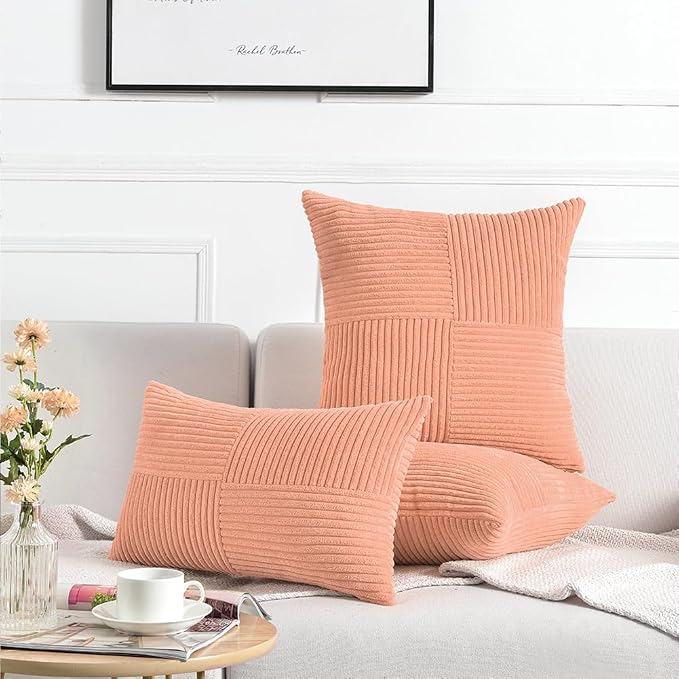 Fancy Homi Peach Decorative Throw Pillow Covers 18x18 Inch for Living Room Couch Bed Sofa, Rustic Boho Farmhouse Home Decor, Soft Corss Corduroy Patchwork Textured Square Cushion Case 45x45 cm