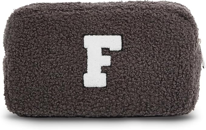 Cute Makeup Bag, Initial Cosmetic Bag, Fuzzy Makeup Bags for Women, Beauty Pouch with Chenille Letter, Personalized Cosmetic Pouch for Travel, Dark Grey F