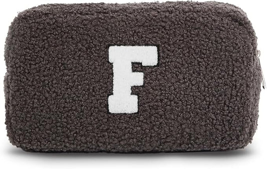 Cute Makeup Bag, Initial Cosmetic Bag, Fuzzy Makeup Bags for Women, Beauty Pouch with Chenille Letter, Personalized Cosmetic Pouch for Travel, Dark Grey F