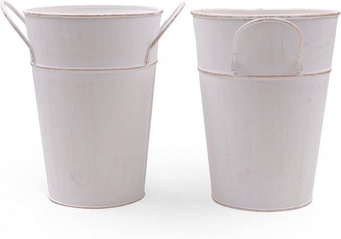 Hosley Set of 2 White Wash Finish Bucket/Pot Vase with PVC Liner, 5" Dia x 7" H Ideal Gift for Floral Arrangements Wedding Home Office Party DIY Indoor Outdoor Garden Patio
