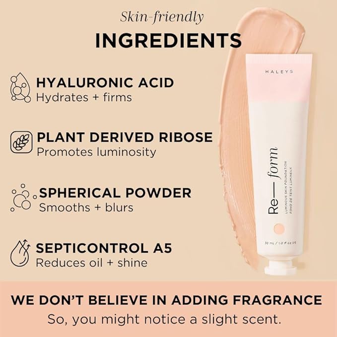 HALEYS Re-form Luminous Skin Foundation, VEGAN + CRUELTY-FREE, Blurs, Conceals, Blendable, Buildable Med-to-Full Coverage, Weightless, Oil-free, All-Day Wear, Hyaluronic Acid, All skin types (5.0)