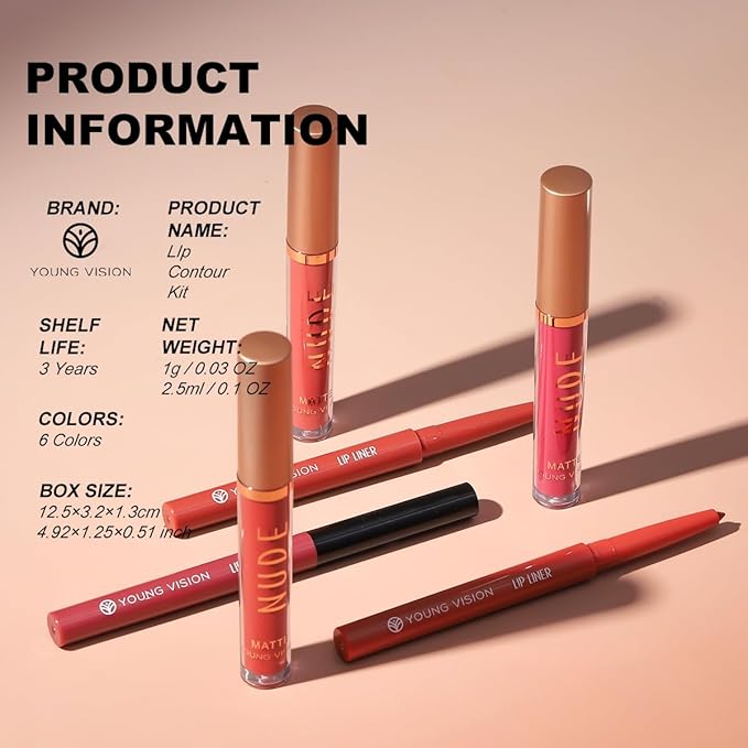YOUNG VISION 6 Colors Matte Lipstick & Lip liner Combo Set, Matte Lip Makeup Srt - Durable, Waterproof, Long Wear, Cruelty Free for Girls, Women, Beginners Teenagers