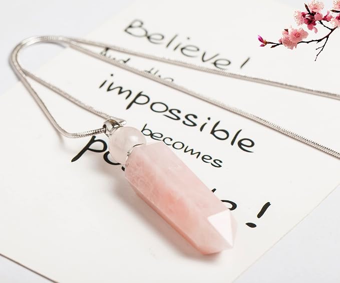 AMOYSTONE 1P Rose Quartz Crystal Perfume Necklace Long Chain Healing Stone Hexagonal Aroma Essential Oil Diffuser Perfume Natural Crystal Bottle Necklace Gifts