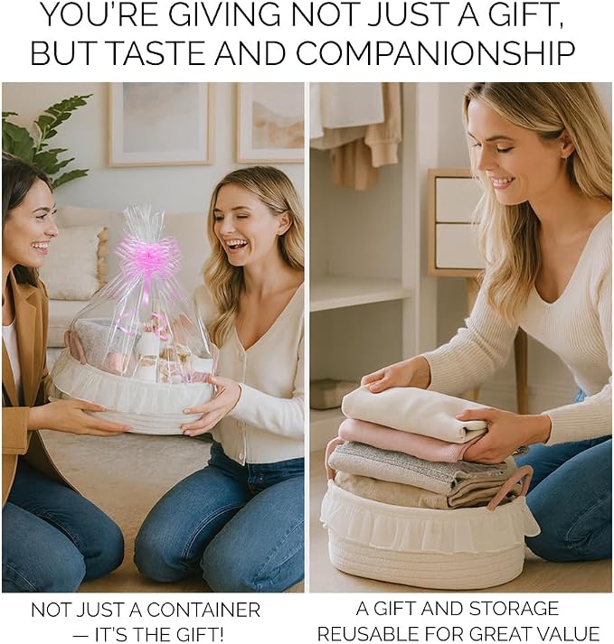 Yimi's Dream White Cotton Rope Gift Basket with Handle and Lace, 12 x 8 in | Woven Storage Basket with Handle for Baby Shower, Easter, Housewarming, First Communion, Wedding, Nursery, Towels, and Gifts