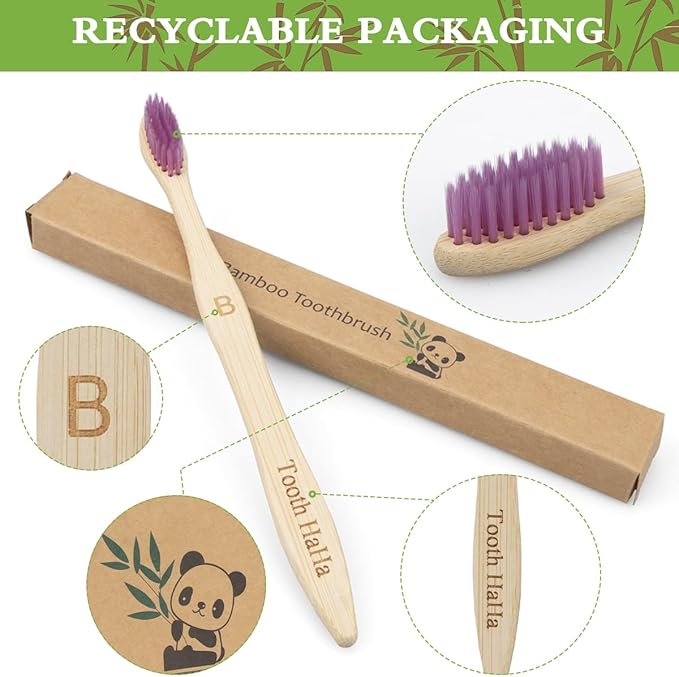 Tooth HaHa Bamboo Toothbrushes, 10 Pack BPA-Free Soft Tapered Bristles, Eco-Friendly, Natural Wooden, Green Toothbrush, Organic Toothbrushes Travel Set