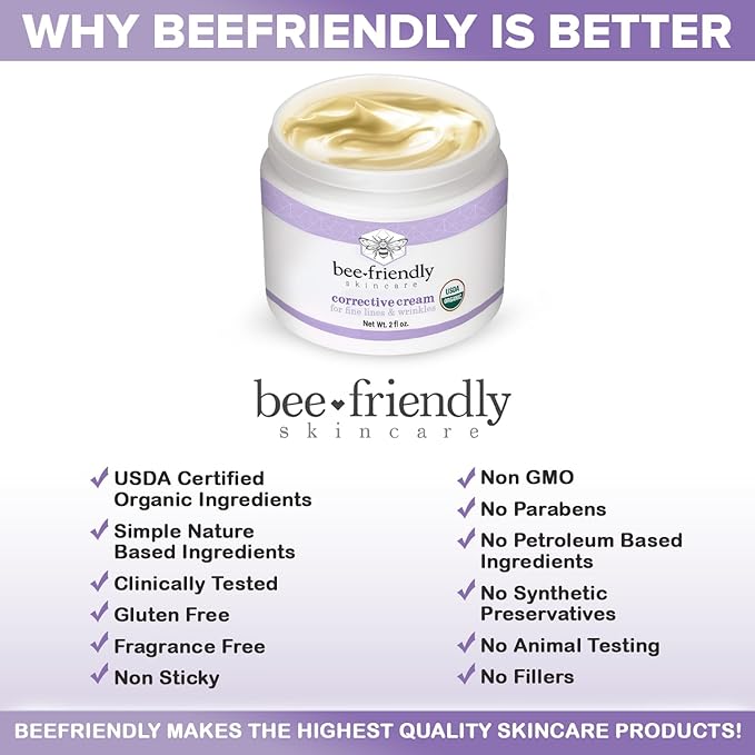 BeeFriendly Organic Corrective Cream, USDA Certified Face Moisturizer Rich Revitalizing Night Cream For Sensitive Skin Aids With Fine Lines, Wrinkles, Crows Feet, Eyes, Face, Neck 6 oz (3 Jars in box)