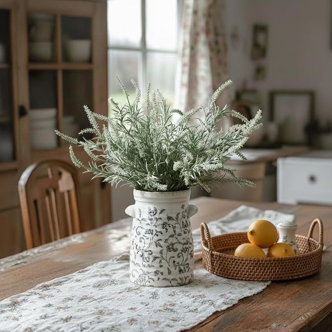 SIDUCAL Ceramic Gray and White Vase with 2-Ear, 8 Inch Ice Cracked Vintage Pastoral Vase, Rustic Farmhouse Vases for Home Decor, Table, Living Room, Shelf Decor, Chinoiserie Decor, Gray Floral Pattern