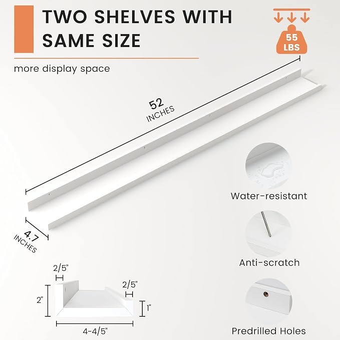 Picture Ledge Shelf, Long Floating Shelves for Wall, 52" W Set of 2, White | FSC Certified Engineered Wood, Wall Mounted Bookshelf, for Nursery Living Room Bedroom, Easy Install
