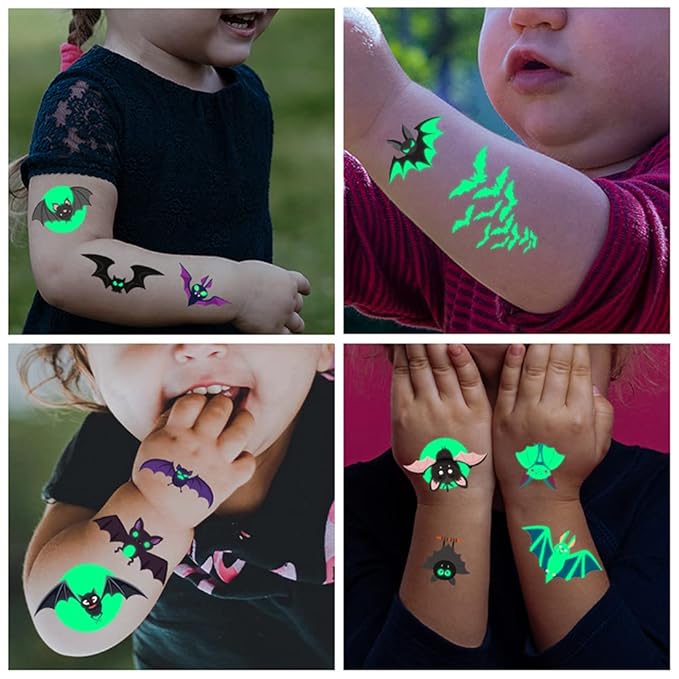 73PCS Luminous Halloween Bat Temporary Tattoos for Kids, Costume Makeup Glow in the Dark Fake Tattoo Stickers, Face Cosplay Holiday Party Favors Gifts for Adults Classroom School Prizes Reward
