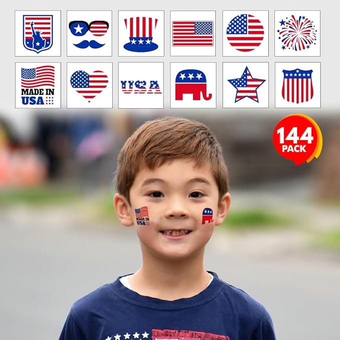 ArtCreativity American USA Patriotic Individual Tattoos for Kids (Pack of 144) Non-Toxic 1.5 Inch Pre-Cut Temporary Tattoos - Red White and Blue, July 4th Labor Day Tattoo Party Favors and Accessories