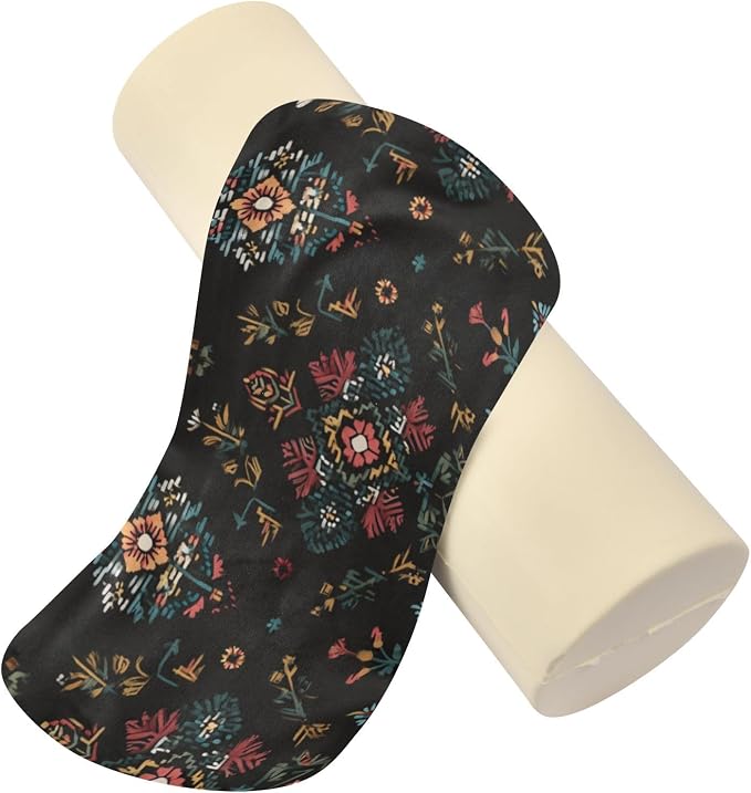 Black Boho Flower Neck Roll Pillow Bolster Round Health Memory Foam Long Cervical Cylinder Pillows with Removable Washable Cover for Body Bed Legs Back Yoga