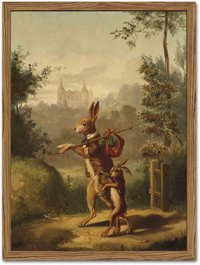 Funny Rabbit Wall Art Whimsical Bunny Wall Decor Painting Vintage Cottagecore Easter Animal Poster Canvas Prints Hare Family Picture Artwork for Living Room Bedroom 16x24 inch Wood Framed
