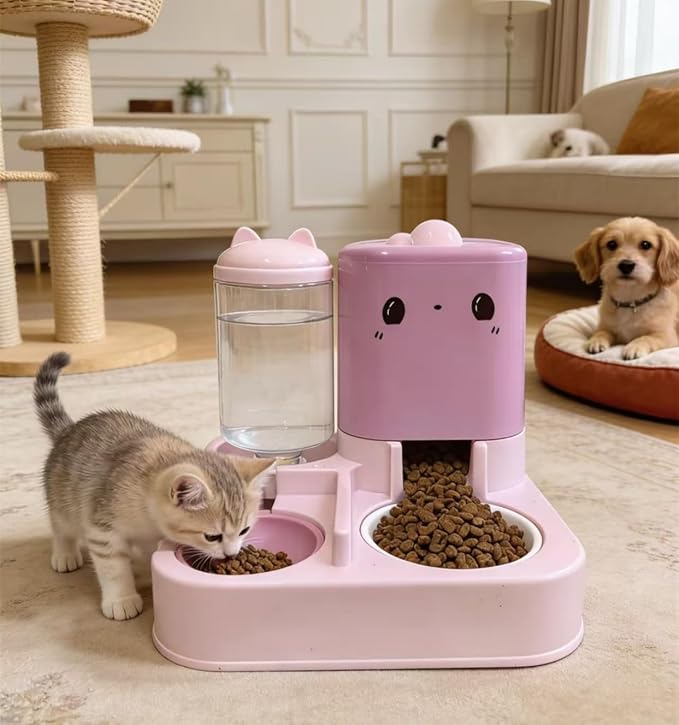 Pet Automatic Feeder Cat Dog Feeding Bowl Food Water Dispenser with Refillable Storage Container Large Capacity Rabbit Feeder Watering Bowls (Pink)