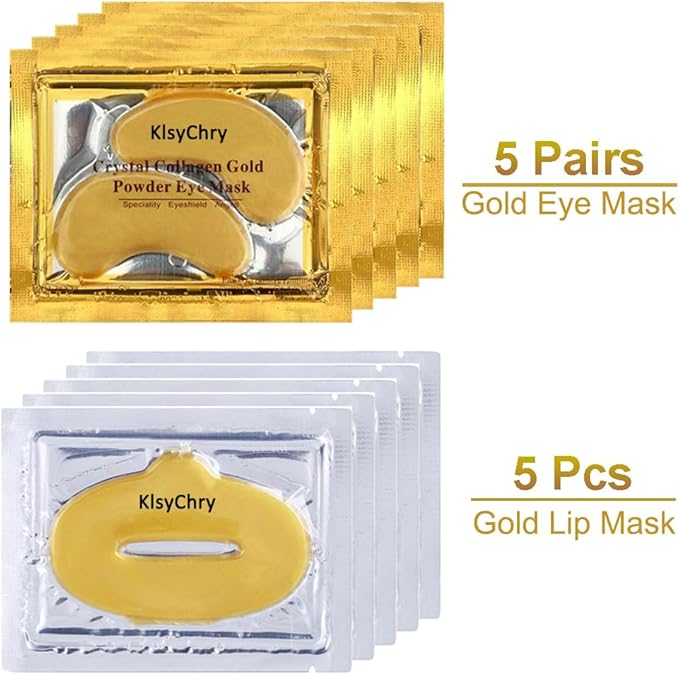 24K Gold Gel Crystal Collagen Lip and Eye Mask Set, 5 Pairs Gold Eye Mask Pads and 5 Pcs Gold Lip Patches for Moisturizing, Anti Wrinkle, Anti Aging, Hydrating Lips and Eyes