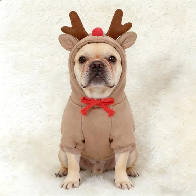 Fleece Lined Reindeer Design Dog Hoodie Costume, XXL | Autumn Winter Cute Pet Clothing & Christmas Party Costume For 2-25 Lbs Dog Cat French Bulldog Chihuahua Pug Poodle Dachshund