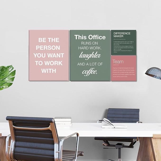 YEOION Motivational Office Wall Art,Inspirational Teamwork Wall Art for Office,Light Pink And Green Positive Teamwork Wall Decor for Workplace Set of 6