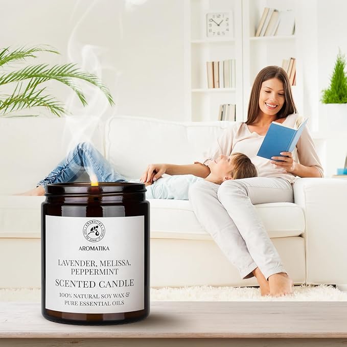 Scented Candle with Essential Oils - Lavender/Lemon Balm/Peppermint - Soy Wax Candles - Aromatherapy Candle - Soywax 150g - Up to 45 Hours Burn Time - Home Scented Candles - Glass Candle Gift