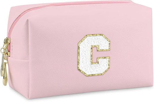 Initial Makeup Bag, Personalized Preppy Letter Monogram Cosmetic Bag | Waterproof PU Material, Compact Size, Large Capacity 7.09 x 2.95 x 3.94 in, Surprise Gift for Daughters and Teens