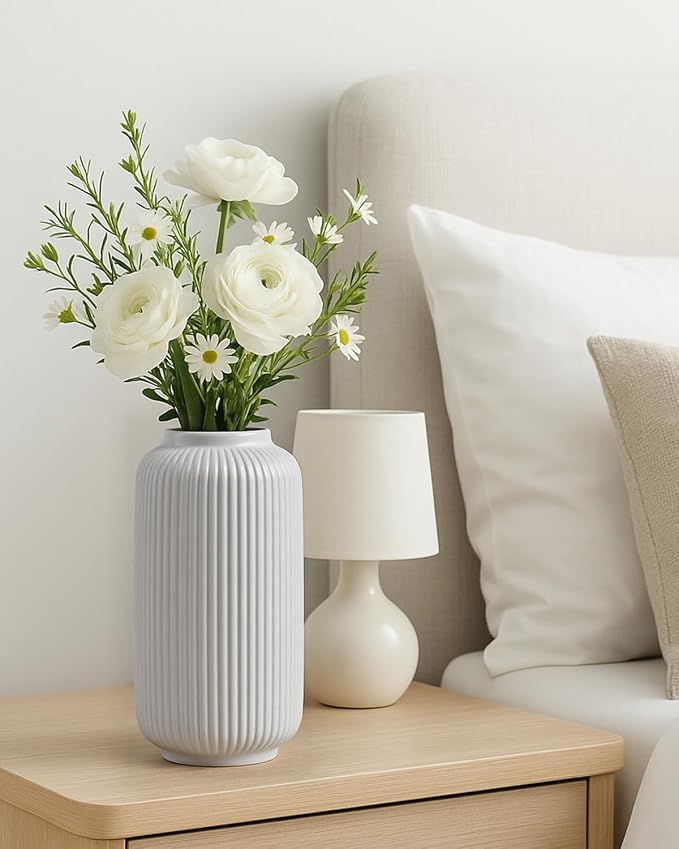 White Ceramic Vase, 8 Inch Modern Flower Vase for Bouquet and Pampas Grass, Matte Frosted Large Opening Decorative Vase for Farmhouse Table, Shelf Decor