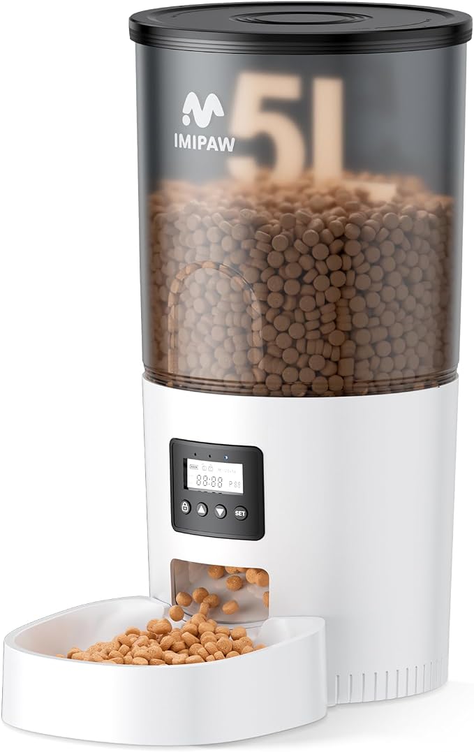 IMIPAW Automatic Cat Feeders, 5L Large Capacity, Timed Feeding Dry Food, Dual Power Design, Programmable Portion Size, 1-6 Meals Per Day, with Desiccant Packet, Suitable for Small Pets Food Dispenser