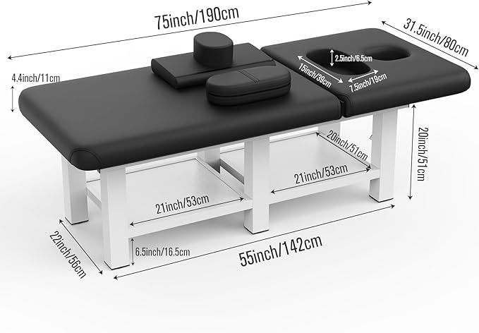 Black Wide Stationary Massage Table with Backrest for Treatment Table Physical Therapy Table Spa Facial Bed, Metal Frame PU Leather 31.5'' Wide 75'' Long Heavy Duty Professional Stationary Massage Bed