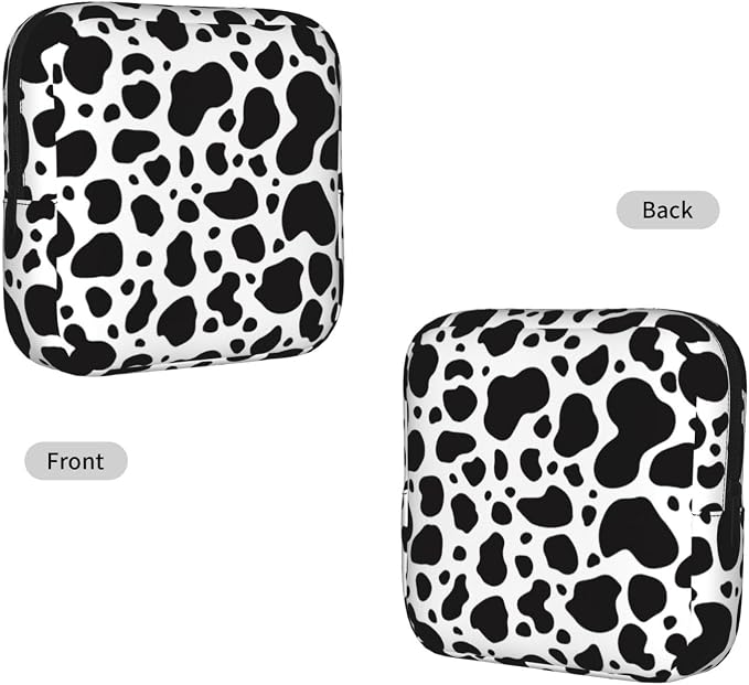 Black And White Cow Print Period Bag For Women,Portable Sanitary Napkin Period Pad Pouch For Purse, Small Make Up Bags
