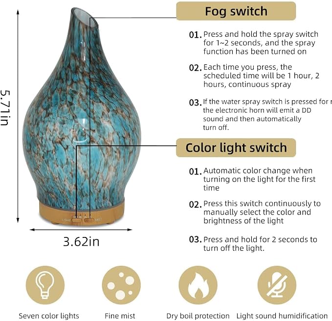 Glass Oil Diffuser with 3 Essential Oil Set,200ml Diffuser for Table Decor,Small Humidifier with Timer,7 LED Color Lights for Small Space Office Bedroom Room Decor Gifts for Women Men