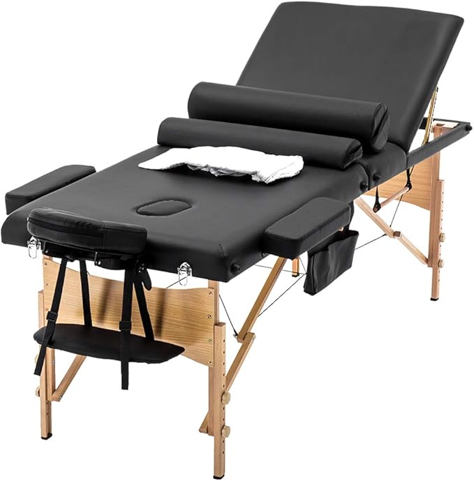 BestMassage Massage Bed Portable Massage Table 28 inch Wide Lash Bed Height Adjustable 3 Folding Spa Table with Towel Hanger Oil Pouch Half Bolster Round Bolster Non-Woven Backpack