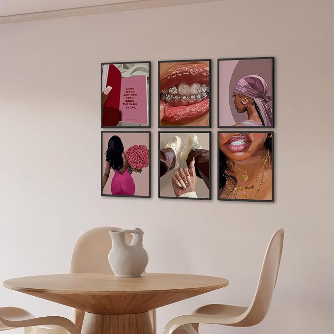 Black Woman Poster Set of 6, Fashion African American Women Wall Art, Trendy Abstract Black Girl Canvas Wall Decor Paintings Aesthetic Pictures for Bedroom Living Room 8x10 inch Unframed