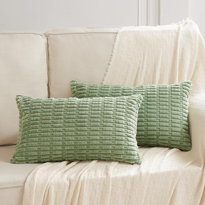 Fancy Homi Sage Green Lumbar Decorative Throw Pillow Covers 12x24 Inch for Living Room Couch Bed Sofa, Rustic Farmhouse Boho Home Decor, Soft Striped Corduroy Rectangle Cushion Case 30x60 cm