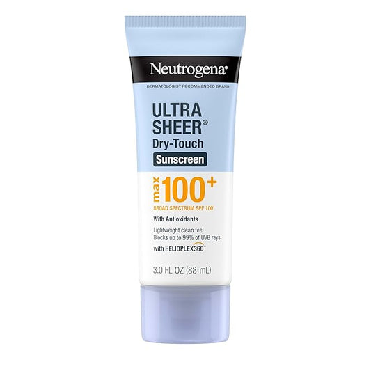Neutrogena Ultra Sheer Dry-Touch Sunscreen Lotion, Max 100+ Broad Spectrum SPF 100 UVA/UVB Protection, Lightweight, Non-Greasy Sunscreen, Oxybenzone-Free, Antioxidant, Travel Size, 3 fl oz