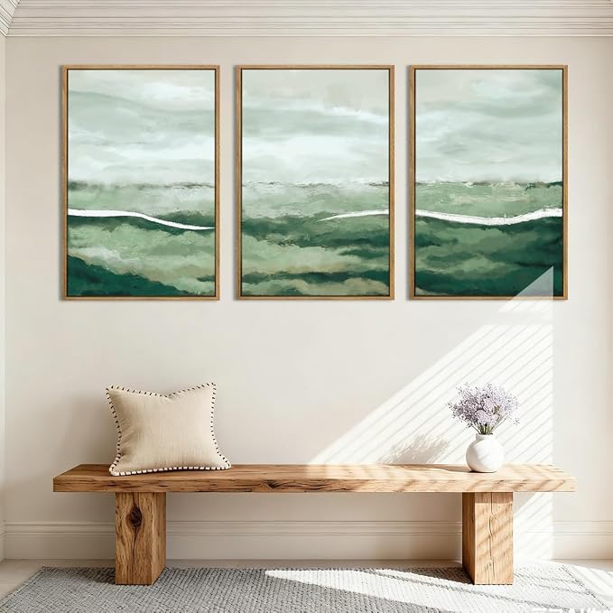 ANHUIB Large Green Abstract Framed Wall Art Set of 3 Sage Green Landscape Canvas Wall Decor 24x36 InchBeige Neutral Watercolor Lake Textured Illustrations Painting for Living Room Bedroom Dining Room