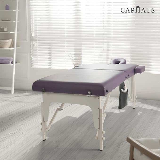 CAPHAUS Premium Memory Foam Massage Table, 84 Inch Foldable & Portable, Height Adjustable Spa Bed, Facial Cradle Salon Bed, Wooden Legs & Carry Case, 32 Inch Wide, Purple
