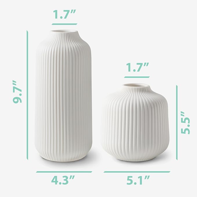 flature Ceramic Vases in Nordic Style, Modern Vase Deco for Pampas Grass, Boho Deco for Windowsill, Vases Set in White Matt, Flower Vase as Home Decoration for Fresh Flowers, Dried Flowers, Set of 2