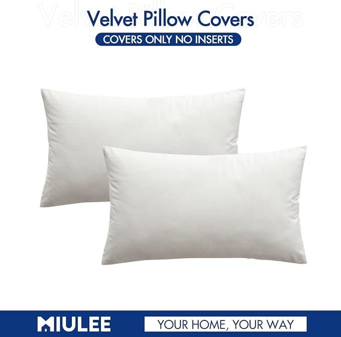 MIULEE 12x20 Inch Lumbar Velvet Throw Pillow Covers Pure White | Pack of 2 Soft Solid Decorative Pillow Covers, Modern Luxury Home Decor, for Chair Couch Sofa Bedroom Livingroom
