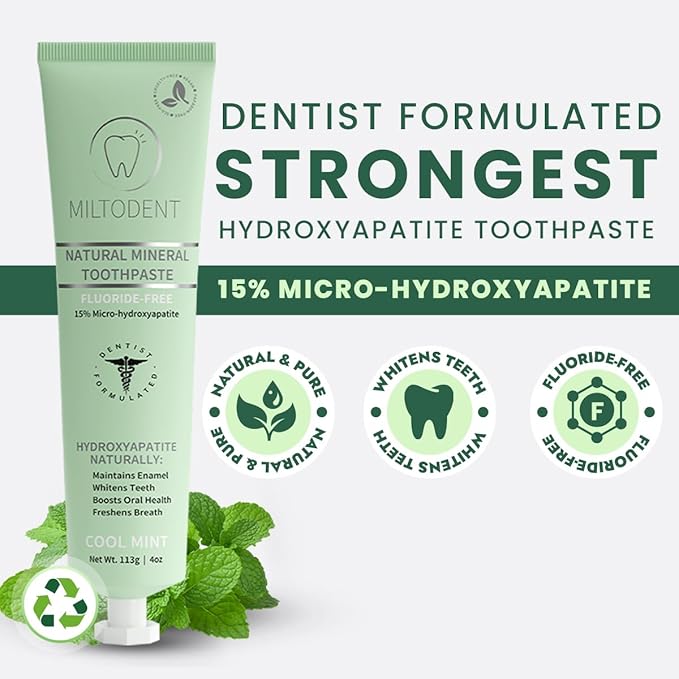 Hydroxyapatite Toothpaste – MILTODENT 15% Micro-Hydroxyapatite Premium Toothpaste Fluoride-Free, Foam-Free, Natural Mineralizing | Safe Alternative to Nano-Hydroxyapatite | SLS-Free & Paraben-free 4oz