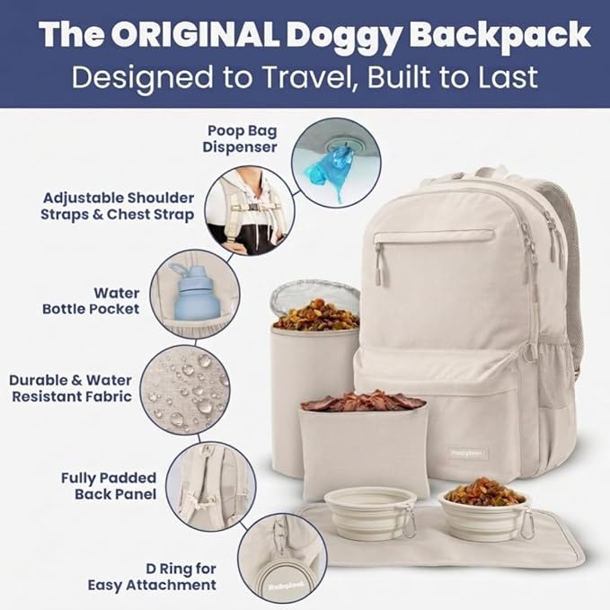 Rubyloo Dog Travel Backpack for Supplies - Dog Diaper Bag with Travel Bowls