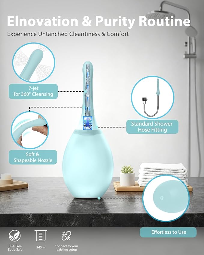 Enema Douche Anti Back-Flow, Douche Connected to Shower Hole,Enema Bulb with 7 Spouts, Reusable Portable Enima Vaginal Cleaner kit for Men Women (Blue)