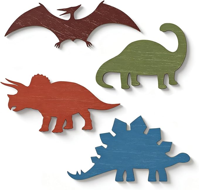 BQXH 4 Pcs Dinosaur Wall Decors Wooden, Boys Dinosaurs Playroom Wall Decor | Farmhouse Dinosaur Gifts for Home Kitchen Bathroom Office Decoration