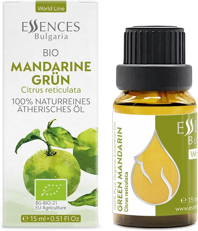 Essences Bulgaria Organic Green Mandarin Essential Oil 0.51 Fl Oz 15ml Citrus reticulata - 100% Pure and Natural Undiluted Therapeutic Grade Aromatherapy Diffuser Humidifier Candle Making Body Oil