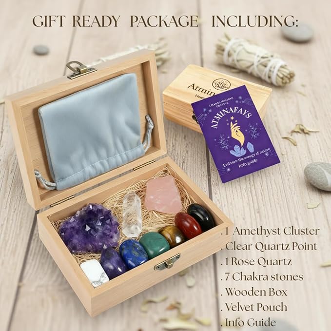 Large Premium Crystals and Healing Stones in Wooden Gift Box + Velvet Pouch + 7 Chakra Tumbled Gemstones+Info Guide, Amethyst Cluster，Rose Quartz ，Quartz Crystal Point