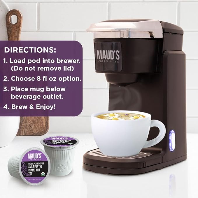 Maud's Organic Chamomile Lavender Tea Pods, 48 ct, Single Serve Pods – 100% Gourmet Blended Tea Leaves, Compatible with Keurig K Cups Maker