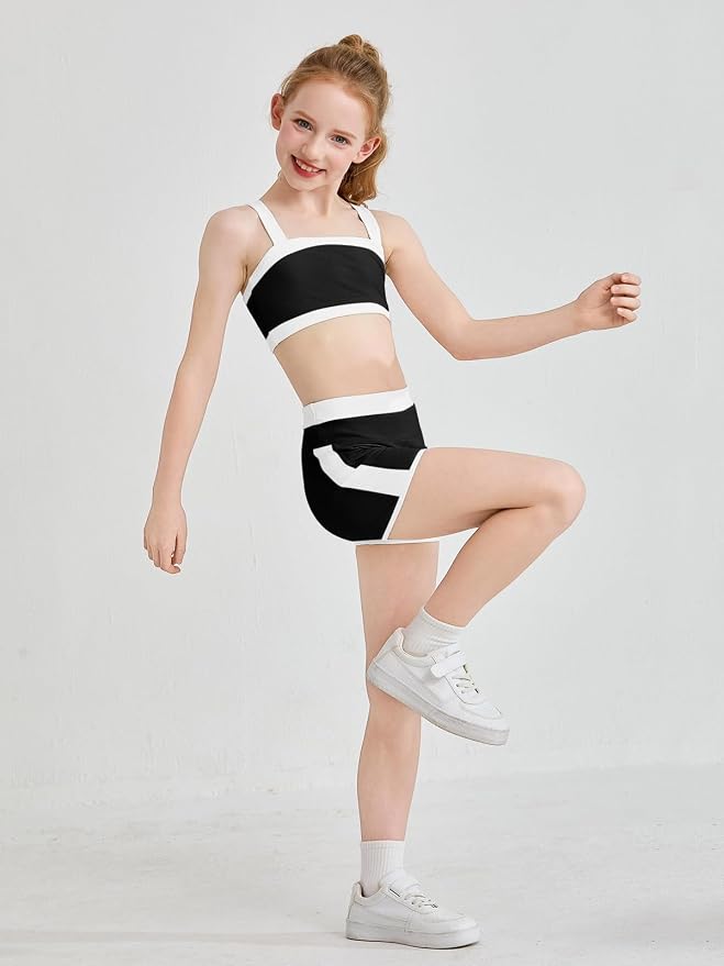 Haloumoning Girls 2 Piece Outfits Athletic Color Block Training Bra and High Waisted Shorts Clothing Sets 5-14Y