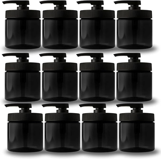 Royal Massage 16oz Refillable Pump Jar with Locking Dip Tube Dispenser – BPA-Free Plastic Container for Massage Oils, Lotions, Creams – Ribbed Lid Wide-Mouth Jar – Durable & Reusable (Black/Black, 12)