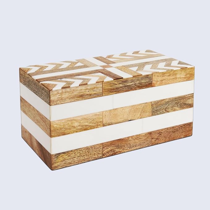 Handicrafts Home White Large Decorative Storage Box with Lid Wooden Memory Box Keepsake Storage Box Photo Storage Box for Home Organization – Resin Inlay Patisserie Adorn Collection- 10x5x5